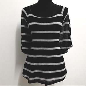 INC Black & Silver, Boatneck, Shimmery, Striped, Flowy, 3/4 Sleeve Shirt